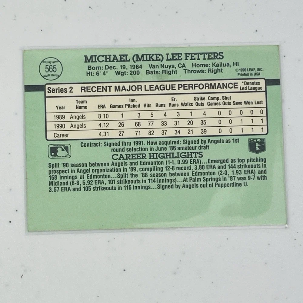 1991 Donruss Baseball Card Mike Fetters Los Angeles Angels 565 Trading Card